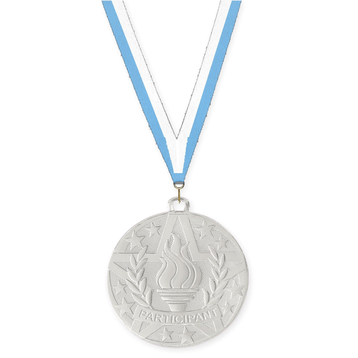 2 inch Participant Superstar medal in silver with Light Blue White neck ribbon