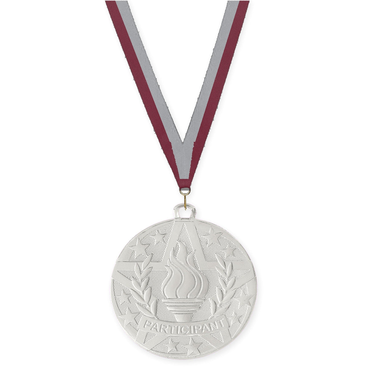 2 inch Participant Superstar medal in silver with Maroon Gray neck ribbon