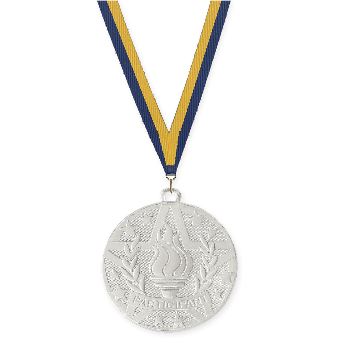 2 inch Participant Superstar medal in silver with Navy Gold neck ribbon
