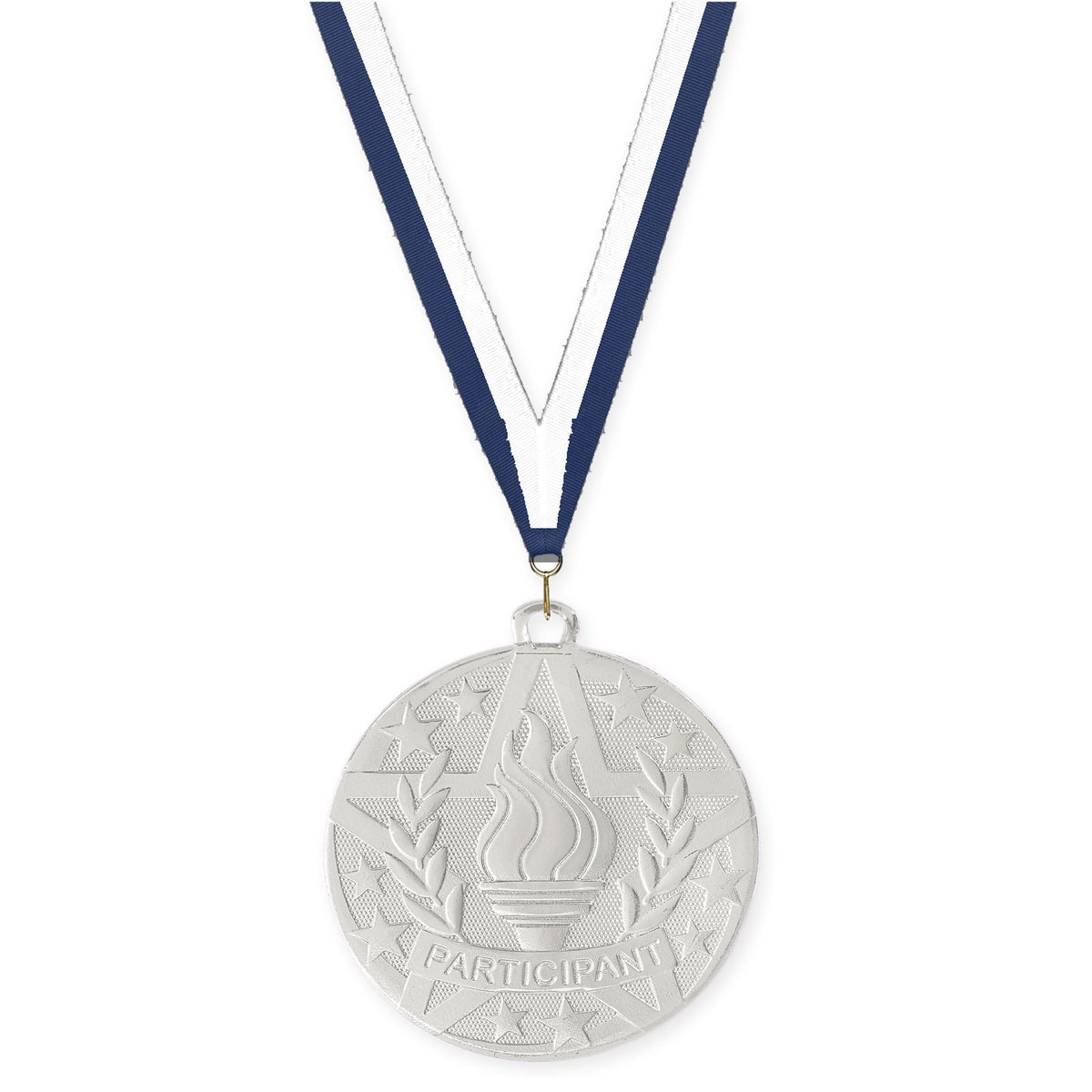 2 inch Participant Superstar medal in silver with Navy White neck ribbon