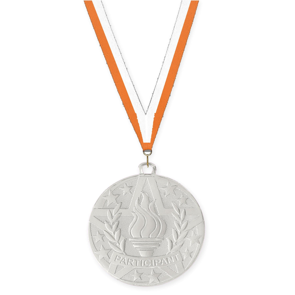 2 inch Participant Superstar medal in silver with Orange White neck ribbon