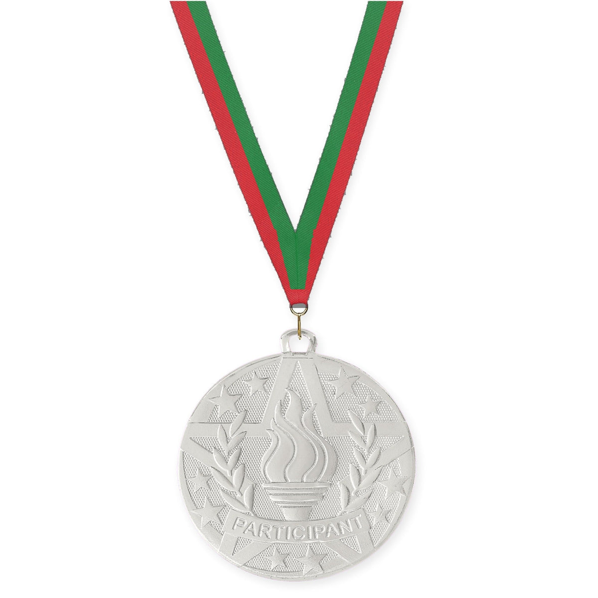 2 inch Participant Superstar medal in silver with Red Green neck ribbon