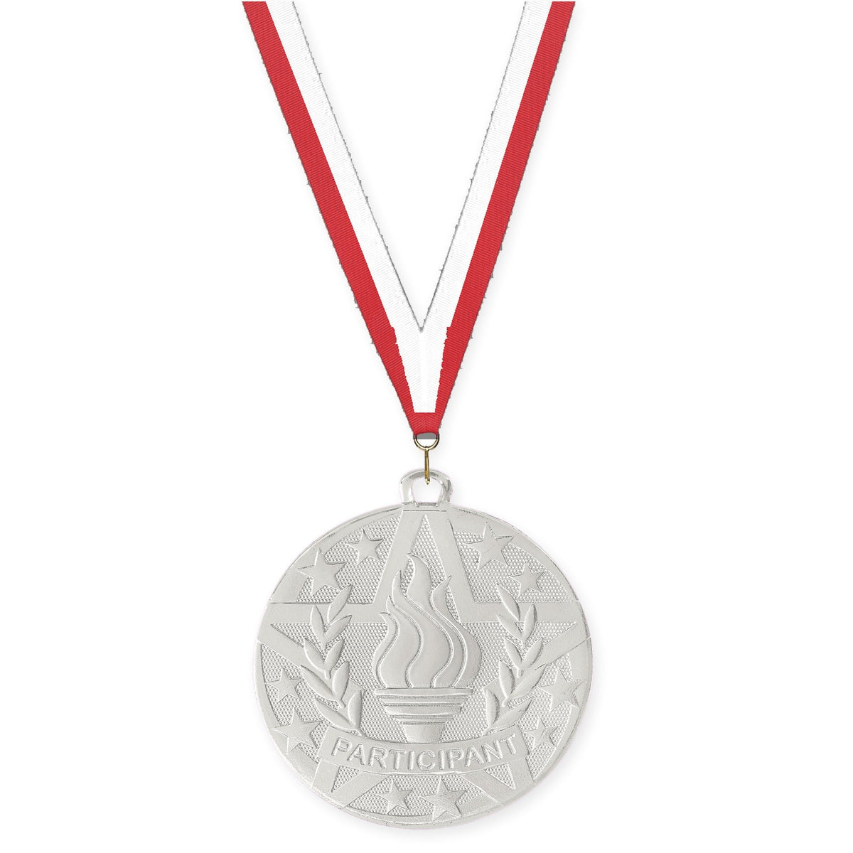 2 inch Participant Superstar medal in silver with Red White neck ribbon