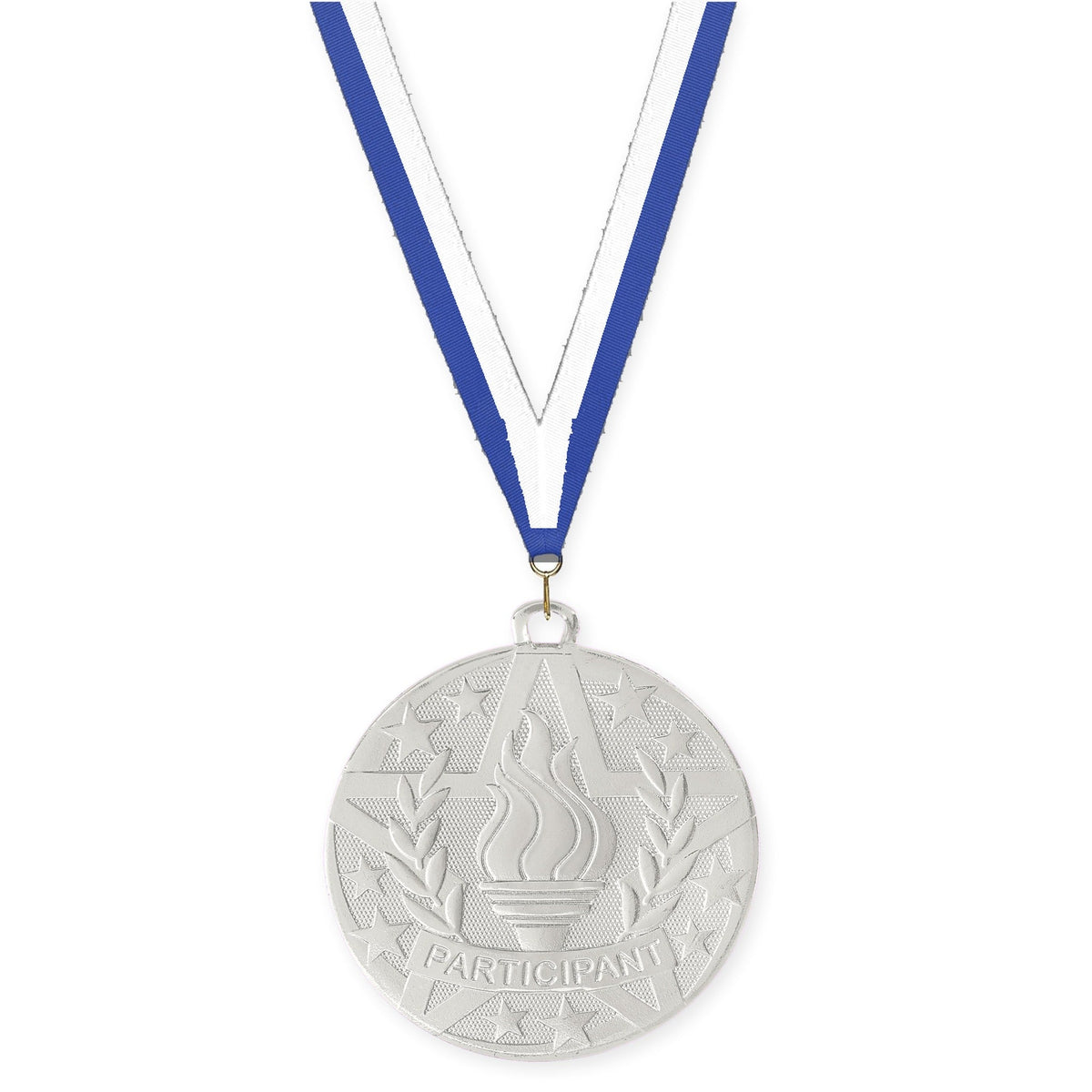 2 inch Participant Superstar medal in silver with Blue White neck ribbon