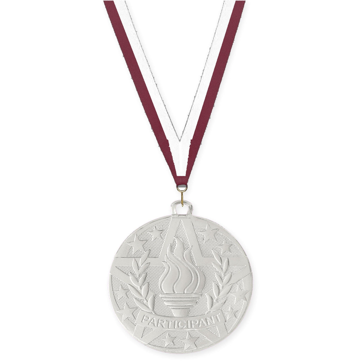 2 inch Participant Superstar medal in silver with Maroon White neck ribbon