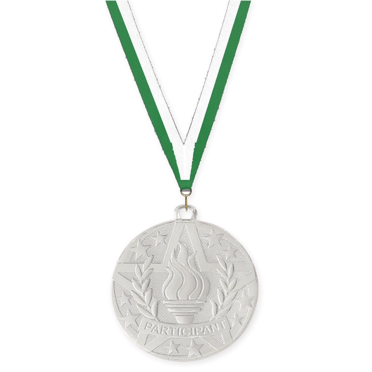 2 inch Participant Superstar medal in silver with Green White neck ribbon