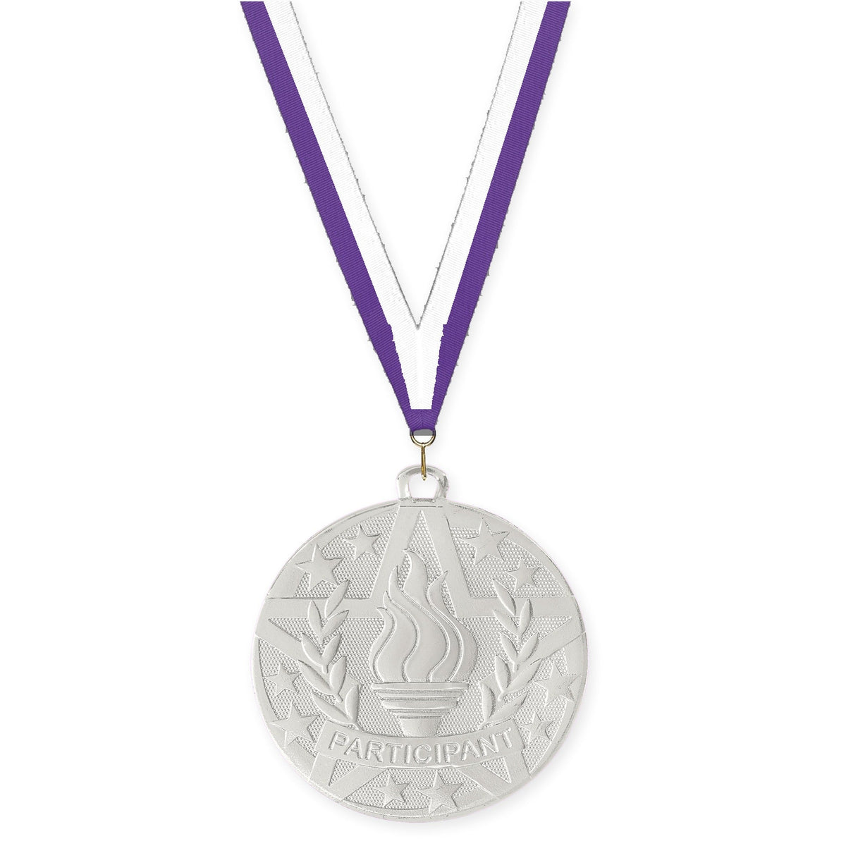 2 inch Participant Superstar medal in silver with Purple White neck ribbon