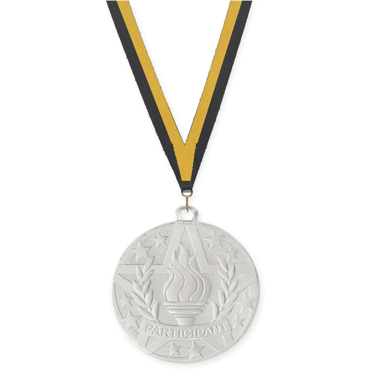 2 inch Participant Superstar medal in silver with Black Gold neck ribbon