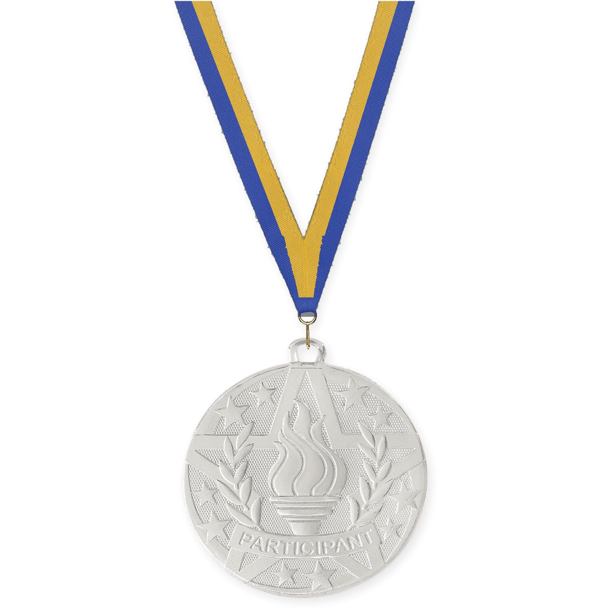 2 inch Participant Superstar medal in silver with Blue Gold neck ribbon
