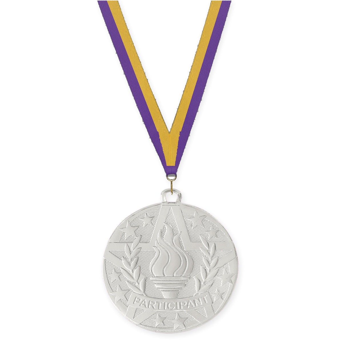 2 inch Participant Superstar medal in silver with Purple Gold neck ribbon