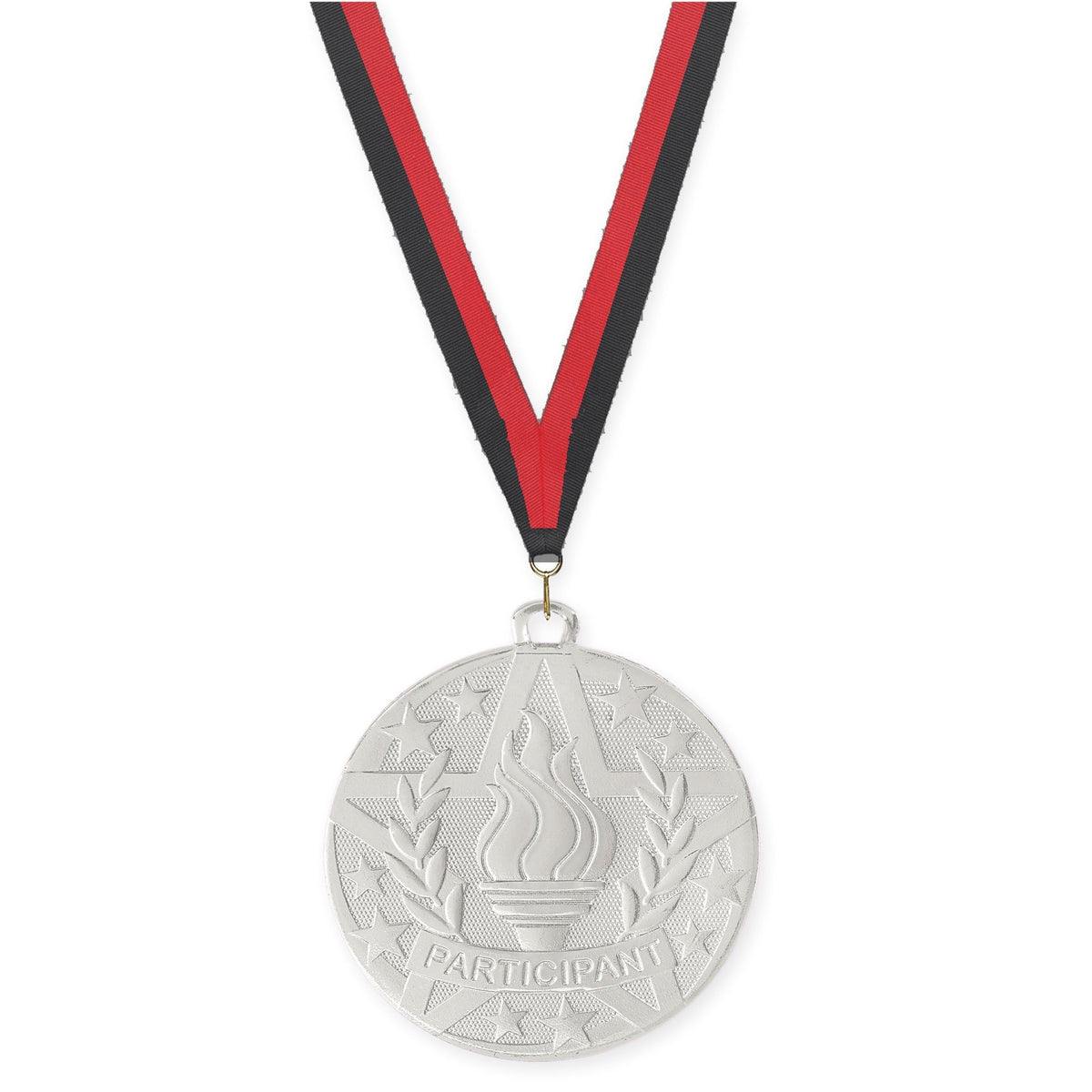 2 inch Participant Superstar medal in silver with Black Red neck ribbon