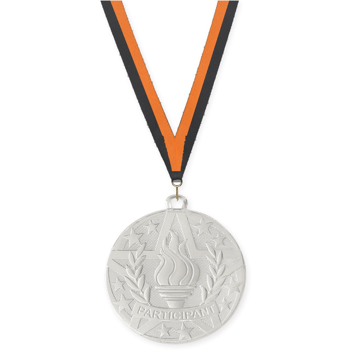 2 inch Participant Superstar medal in silver with Black Orange neck ribbon