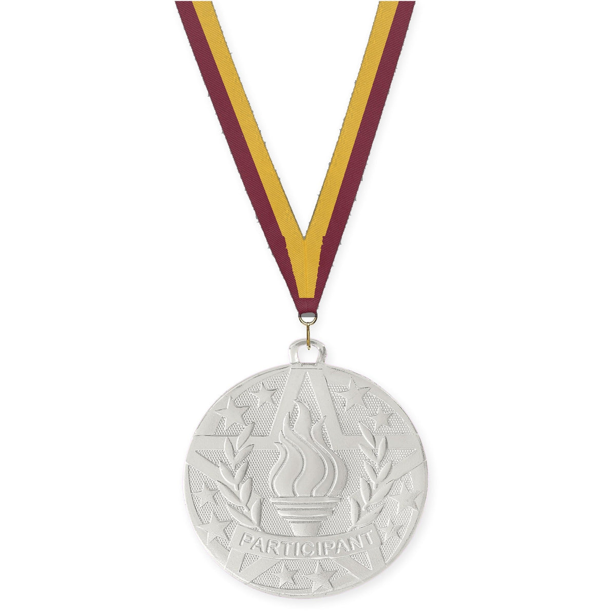 2 inch Participant Superstar medal in silver with Maroon Gold neck ribbon