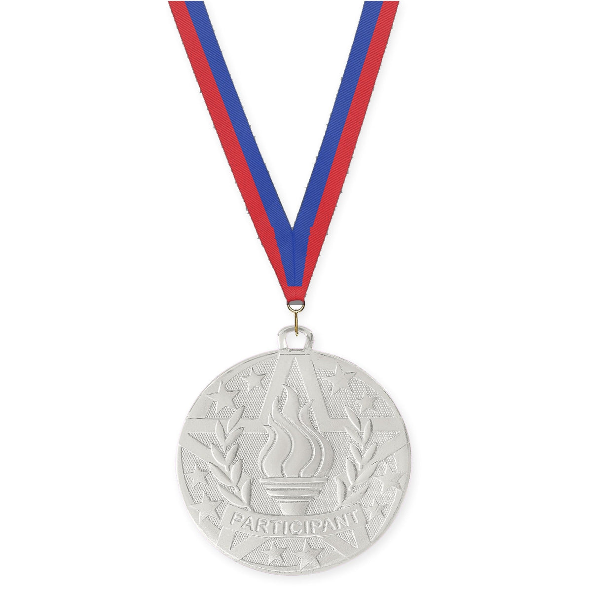 2 inch Participant Superstar medal in silver with Blue Red neck ribbon