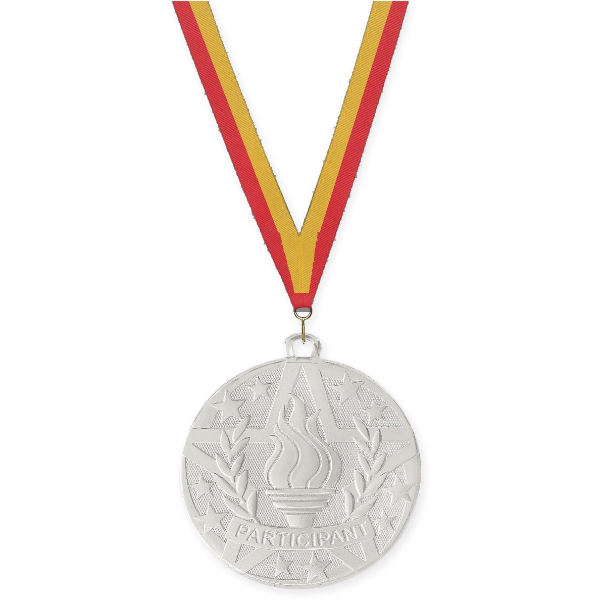 2 inch Participant Superstar medal in silver with Red Gold neck ribbon