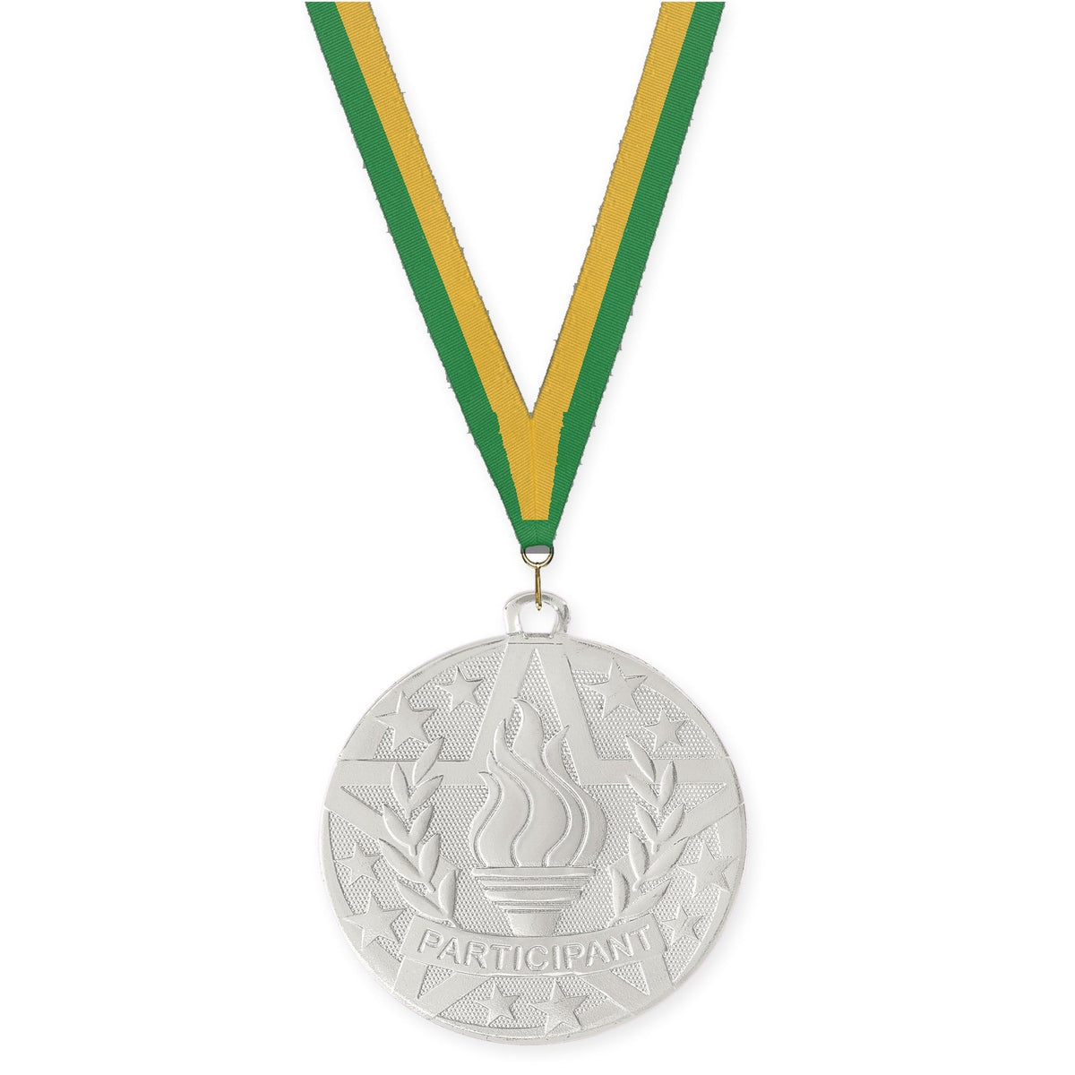 2 inch Participant Superstar medal in silver with Green Gold neck ribbon