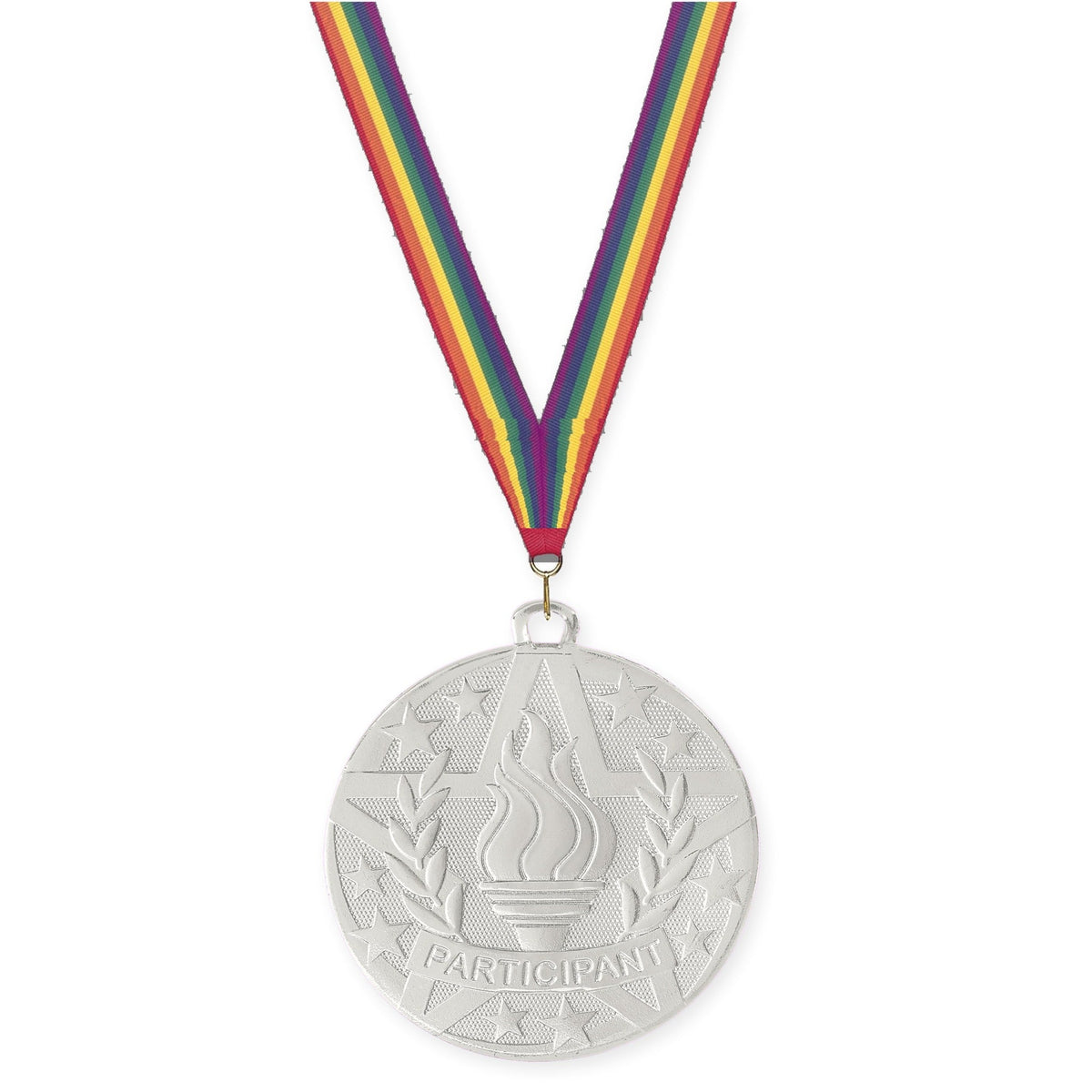 2 inch Participant Superstar medal in silver with Rainbow neck ribbon