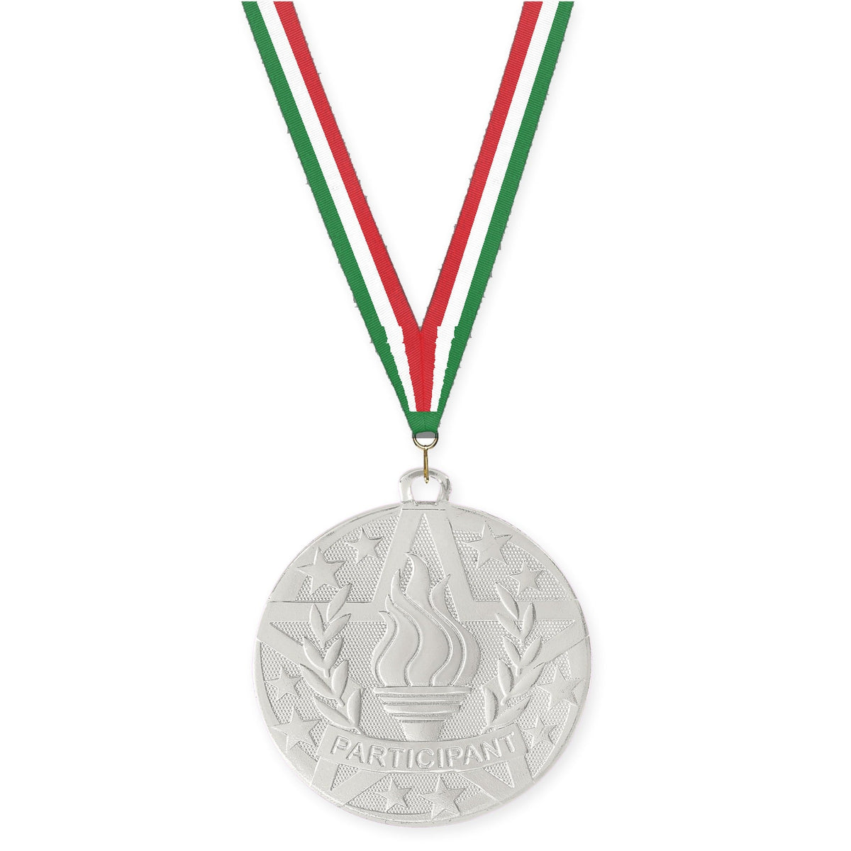 2 inch Participant Superstar medal in silver with Green White Red neck ribbon