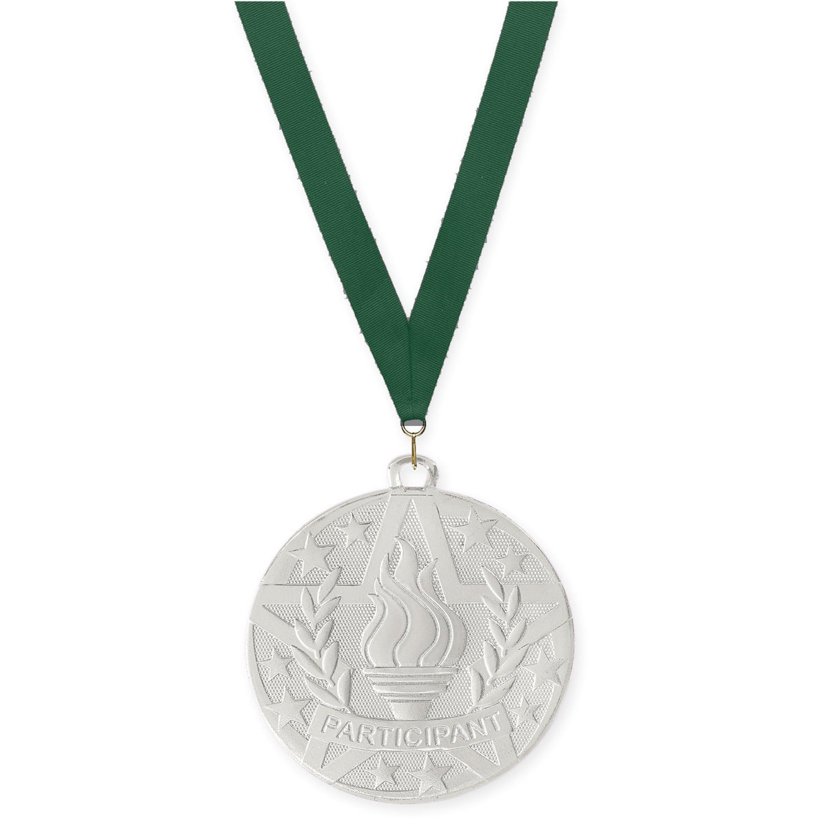2 inch Participant Superstar medal in silver with Hunter Green neck ribbon