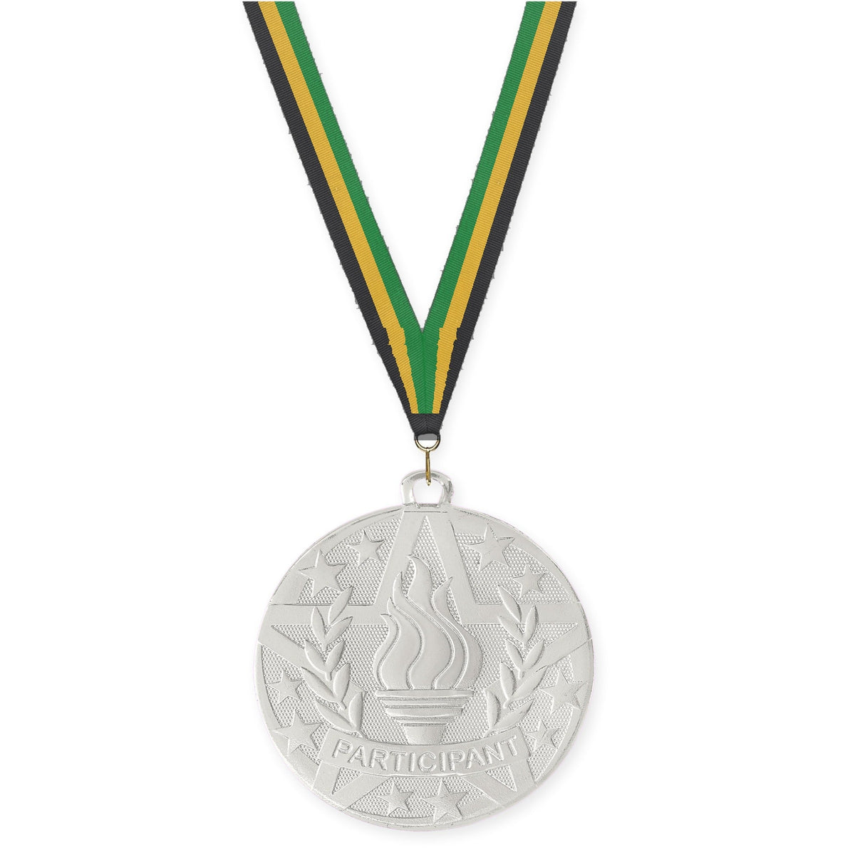 2 inch Participant Superstar medal in silver with Black Gold Green neck ribbon