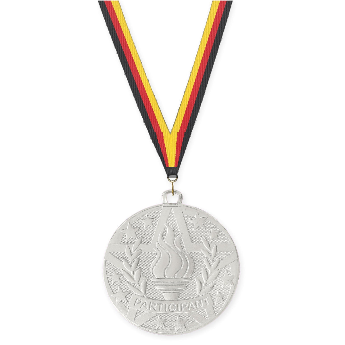 2 inch Participant Superstar medal in silver with Black Red Yellow neck ribbon