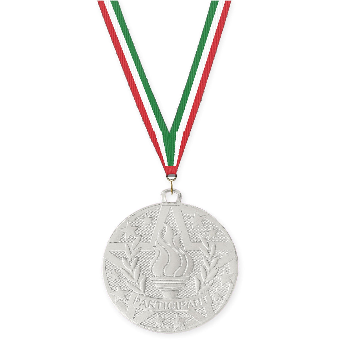 2 inch Participant Superstar medal in silver with Red White Green neck ribbon