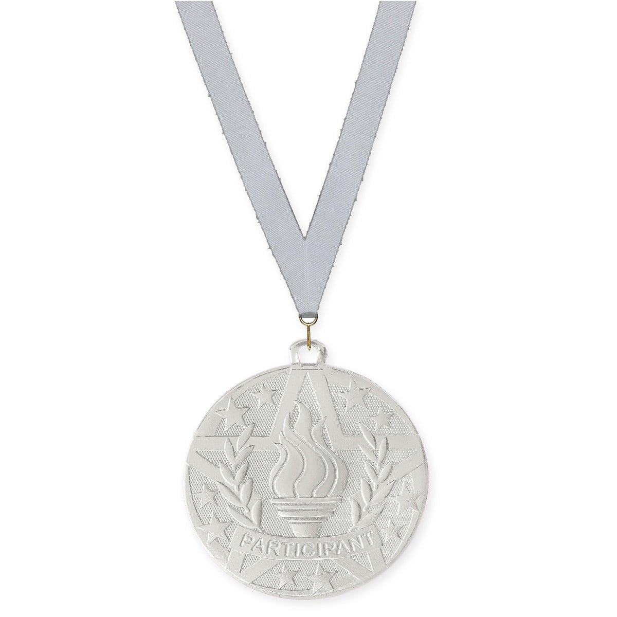 2 inch Participant Superstar medal in silver with Silver Metallic neck ribbon