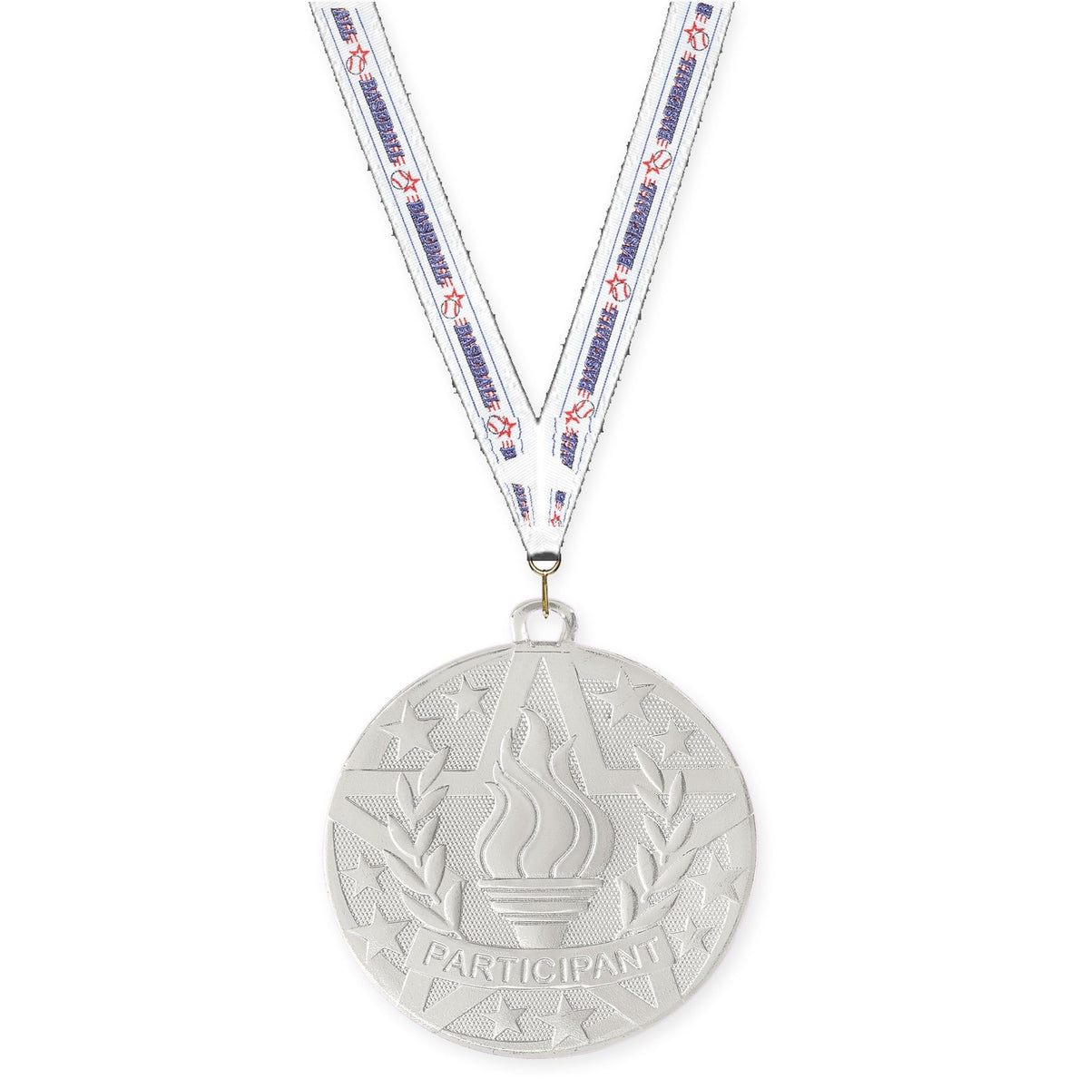 2 inch Participant Superstar medal in silver with Baseball neck ribbon