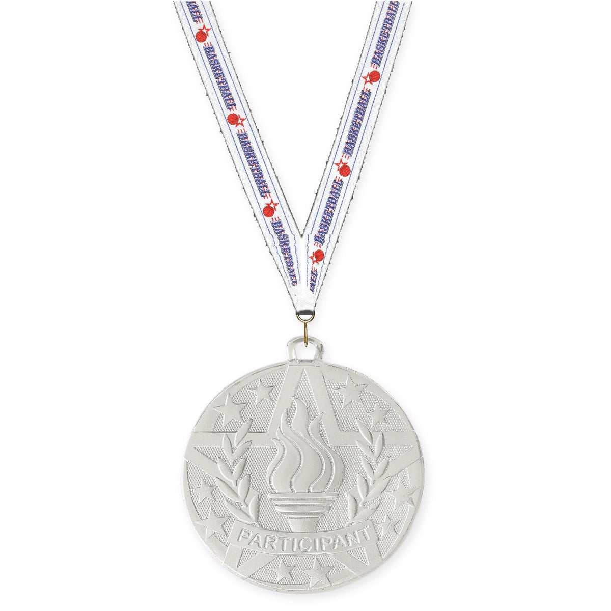 2 inch Participant Superstar medal in silver with Basketball neck ribbon