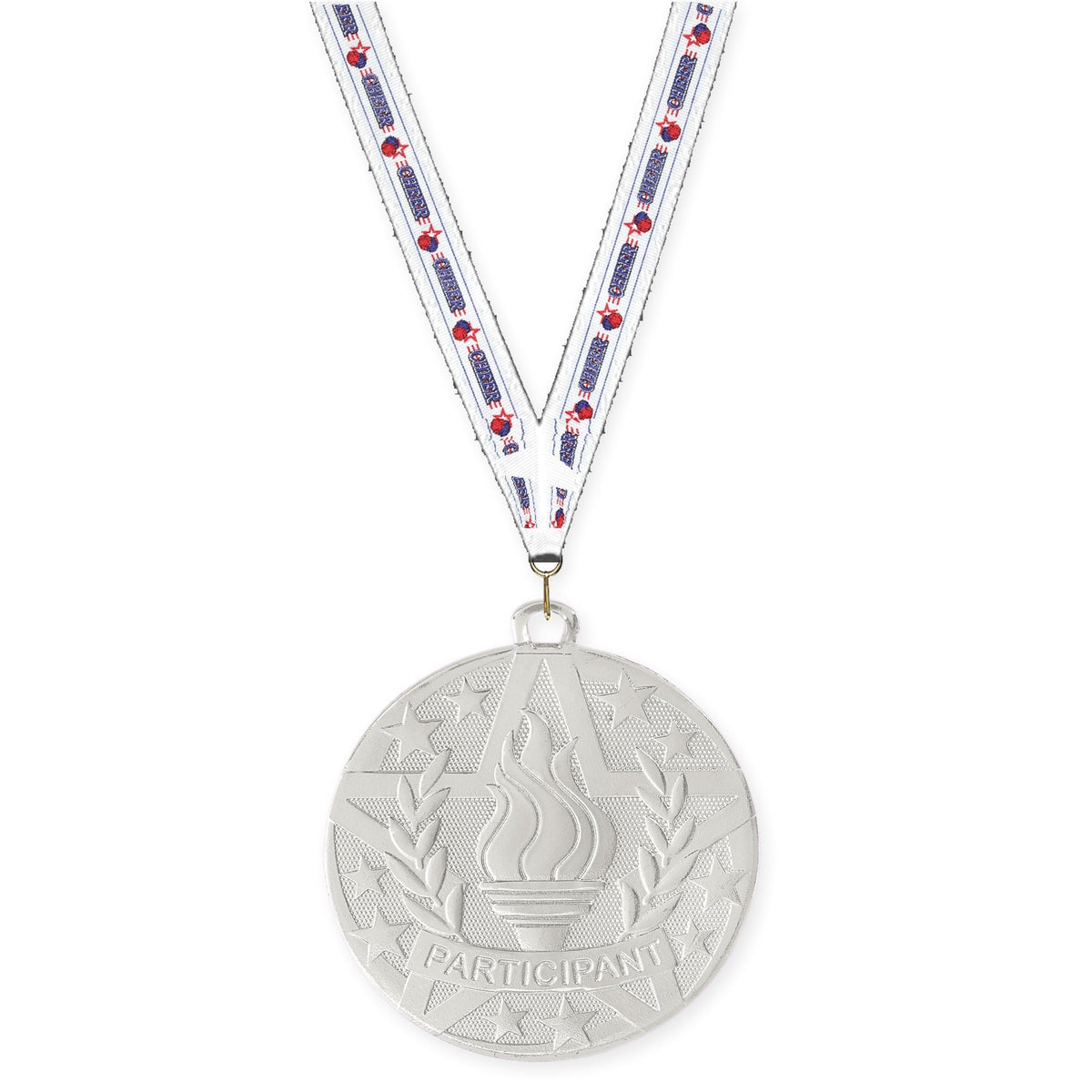 2 inch Participant Superstar medal in silver with Cheerleading neck ribbon