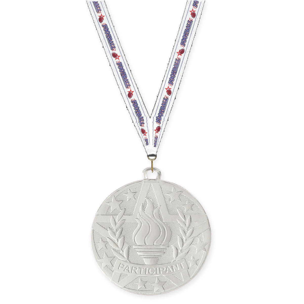 2 inch Participant Superstar medal in silver with Football neck ribbon