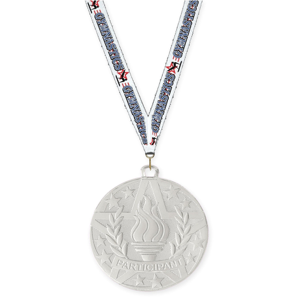 2 inch Participant Superstar medal in silver with Gymnastics neck ribbon