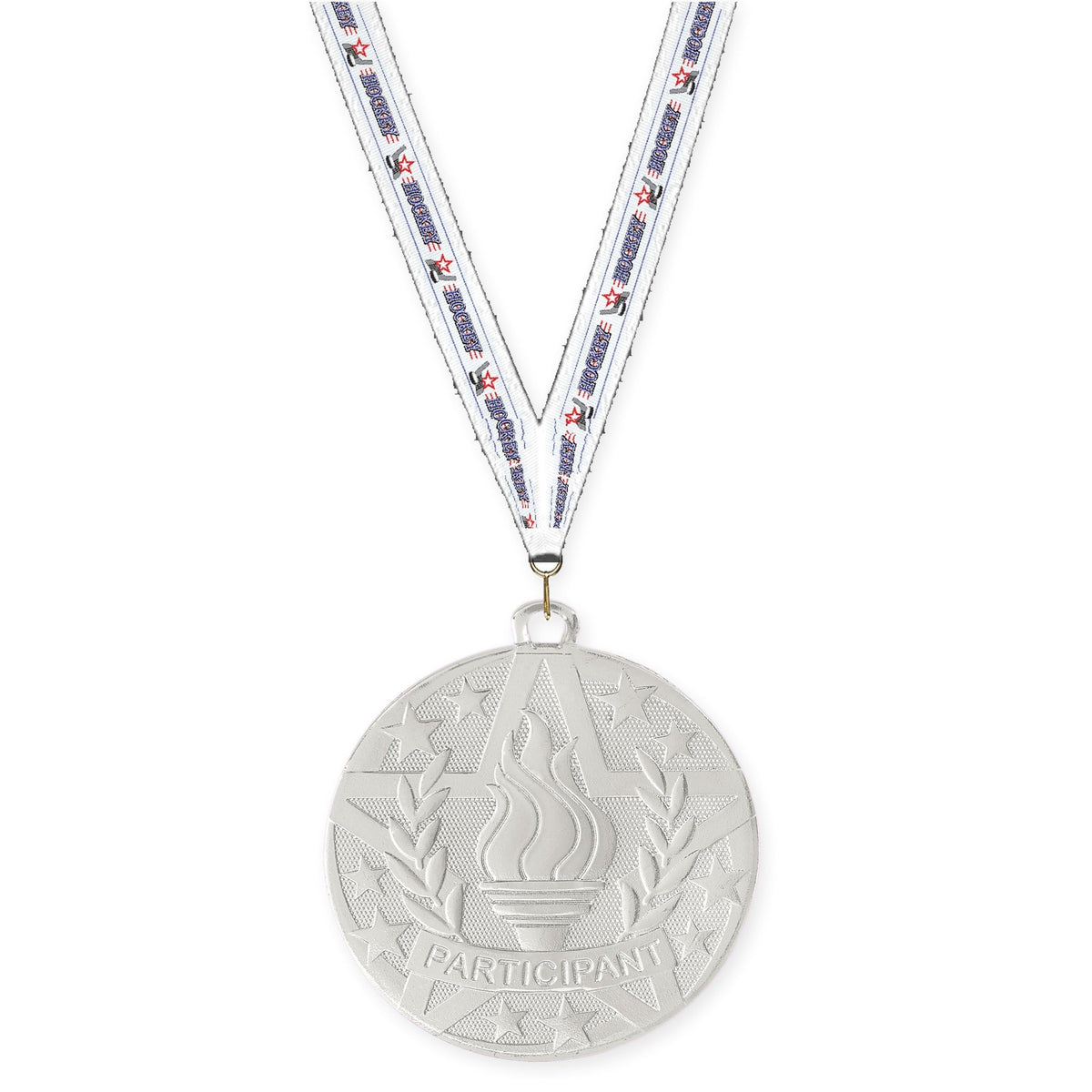 2 inch Participant Superstar medal in silver with Hockey neck ribbon