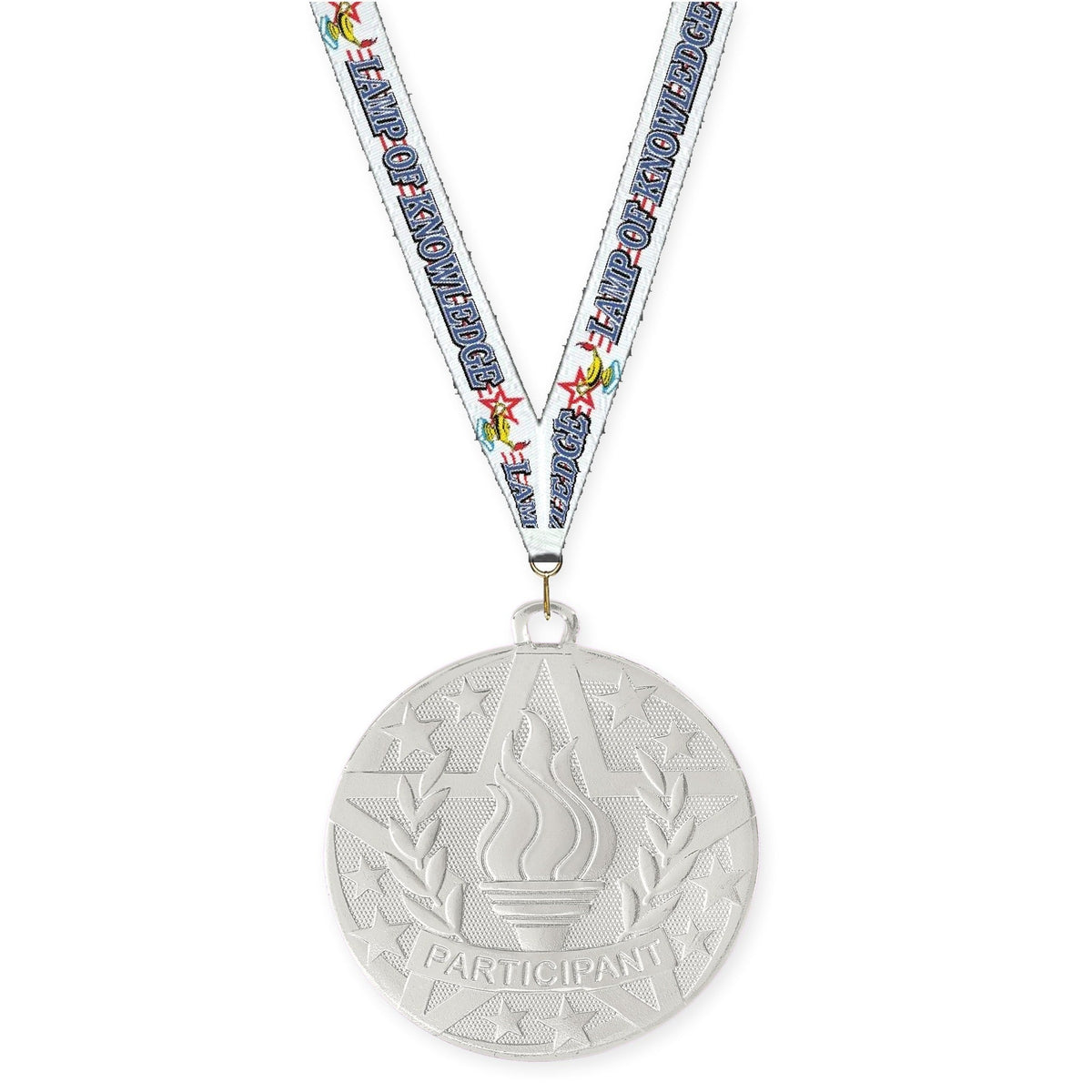 2 inch Participant Superstar medal in silver with Lamp Of Knowledge neck ribbon