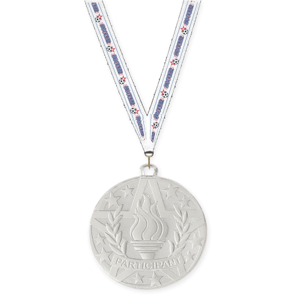2 inch Participant Superstar medal in silver with Soccer neck ribbon