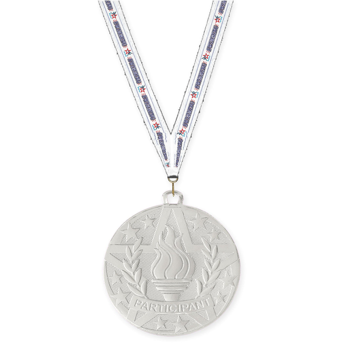 2 inch Participant Superstar medal in silver with Swimming neck ribbon