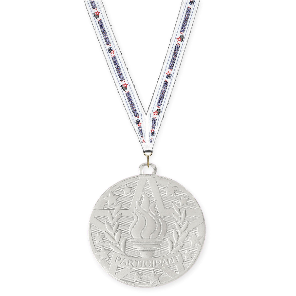 2 inch Participant Superstar medal in silver with Wrestling neck ribbon