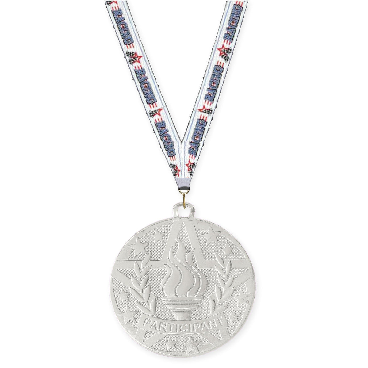 2 inch Participant Superstar medal in silver with Auto Racing neck ribbon
