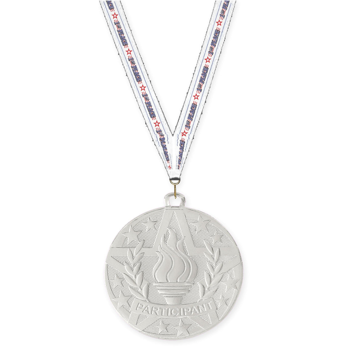 2 inch Participant Superstar medal in silver with 1st Place neck ribbon