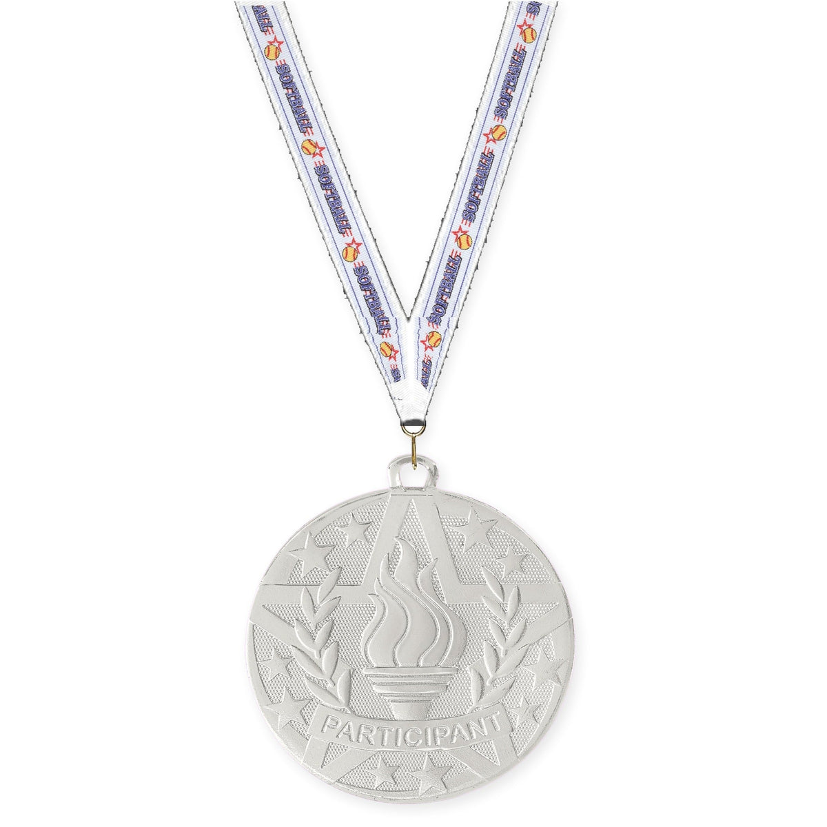 2 inch Participant Superstar medal in silver with Softball neck ribbon