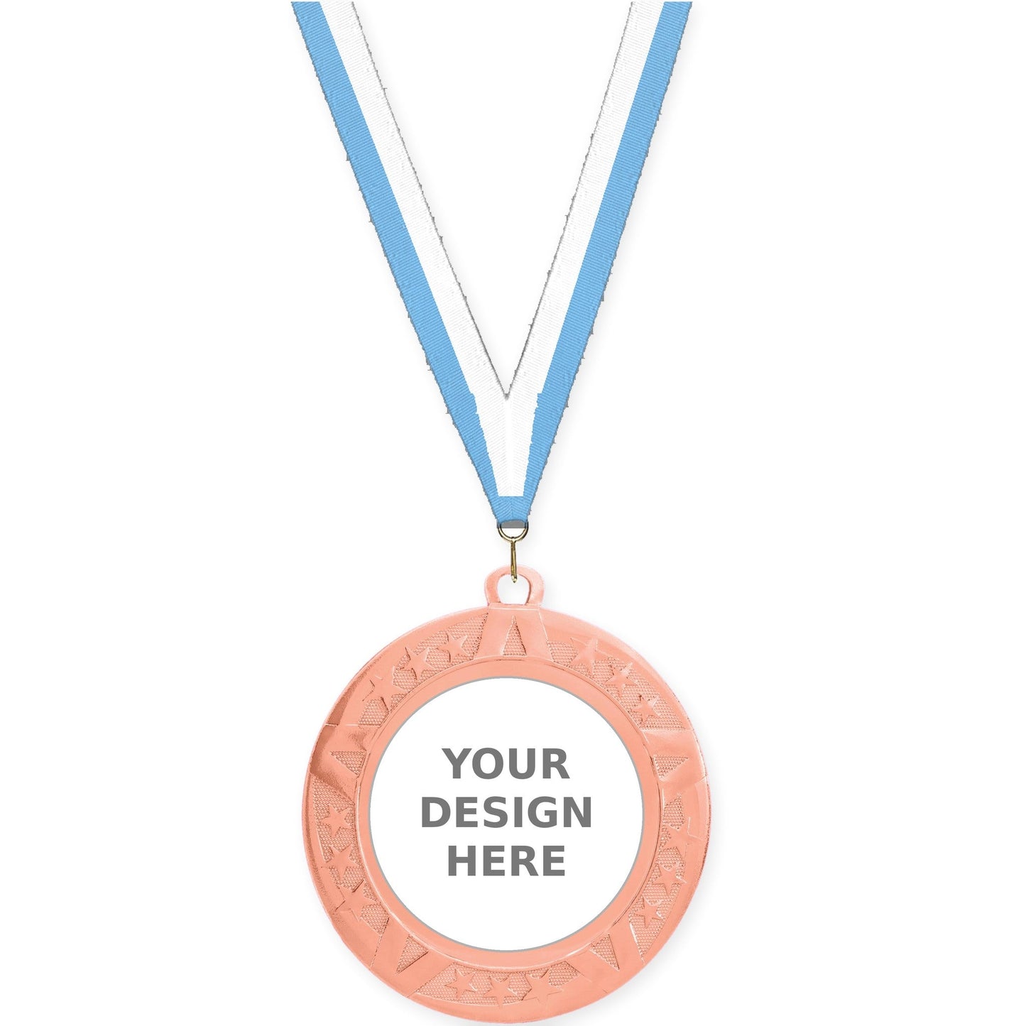 2 3/4 inch Superstar insert medal in bronze with Light Blue White neck ribbon