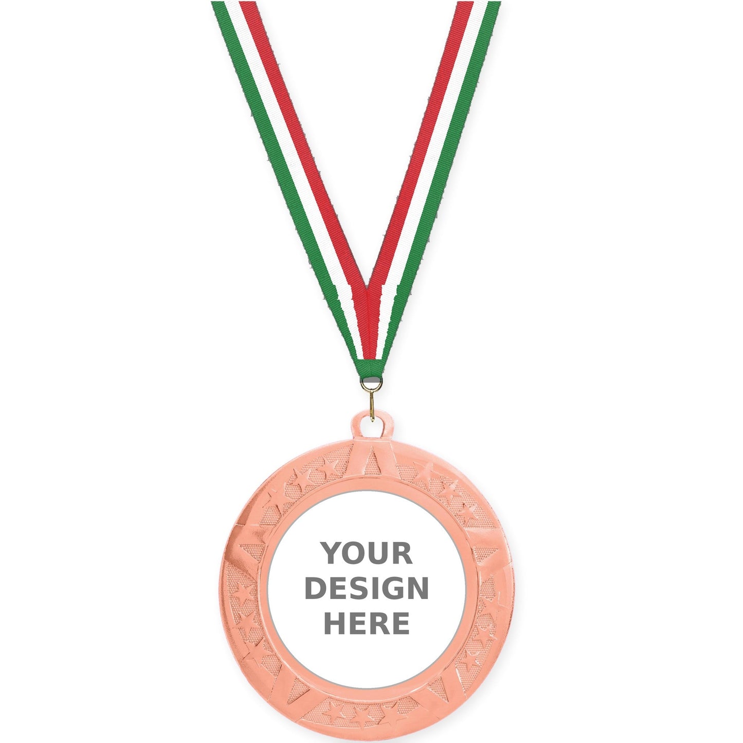 2 3/4 inch Superstar insert medal in bronze with Green White Red neck ribbon