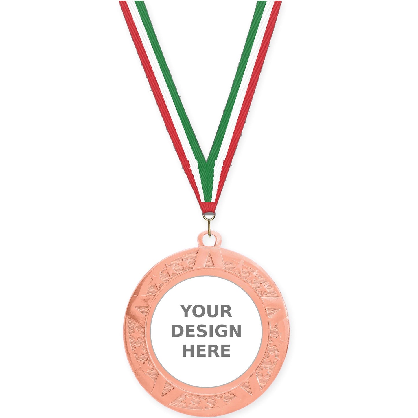 2 3/4 inch Superstar insert medal in bronze with Red White Green neck ribbon