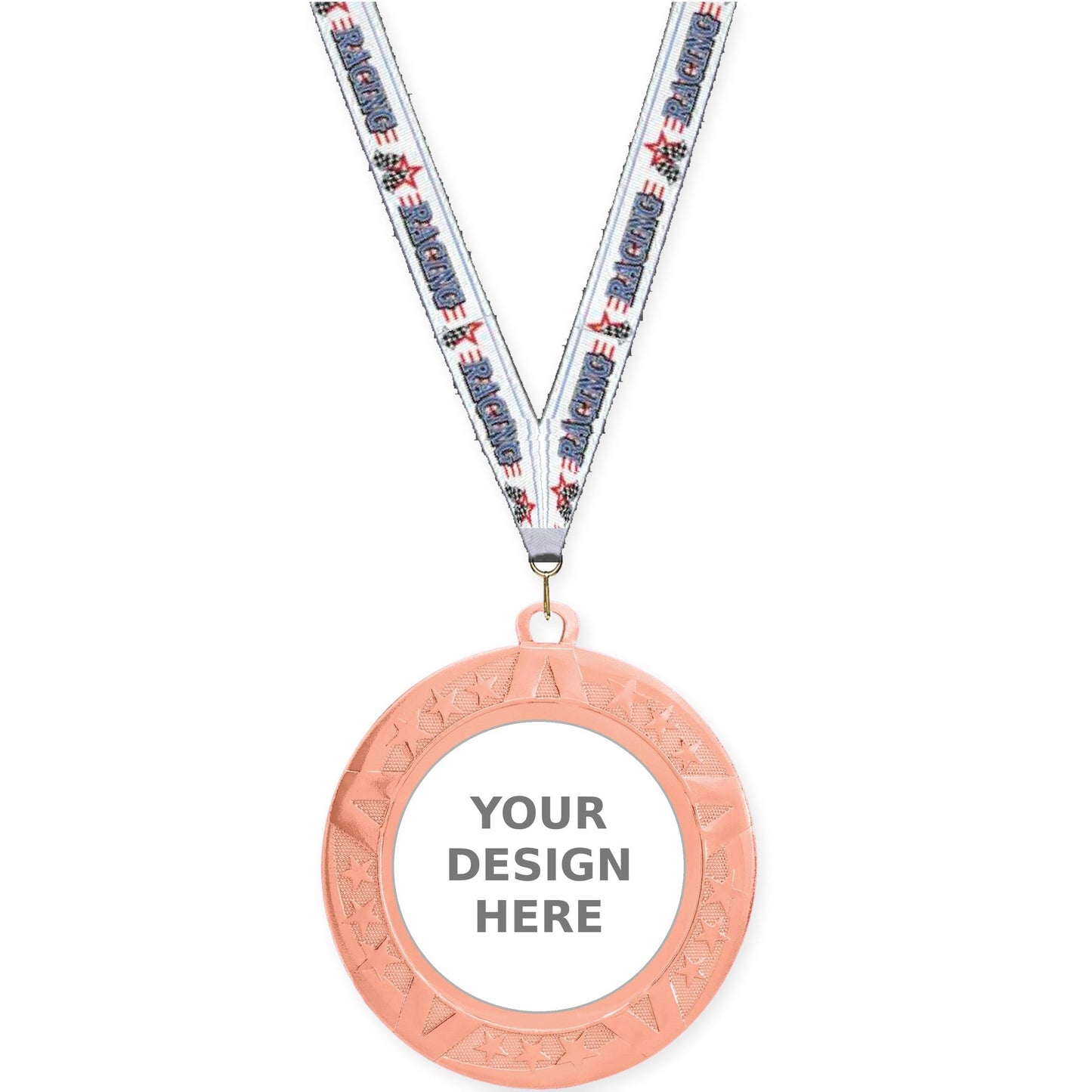 2 3/4 inch Superstar insert medal in bronze with Auto Racing neck ribbon