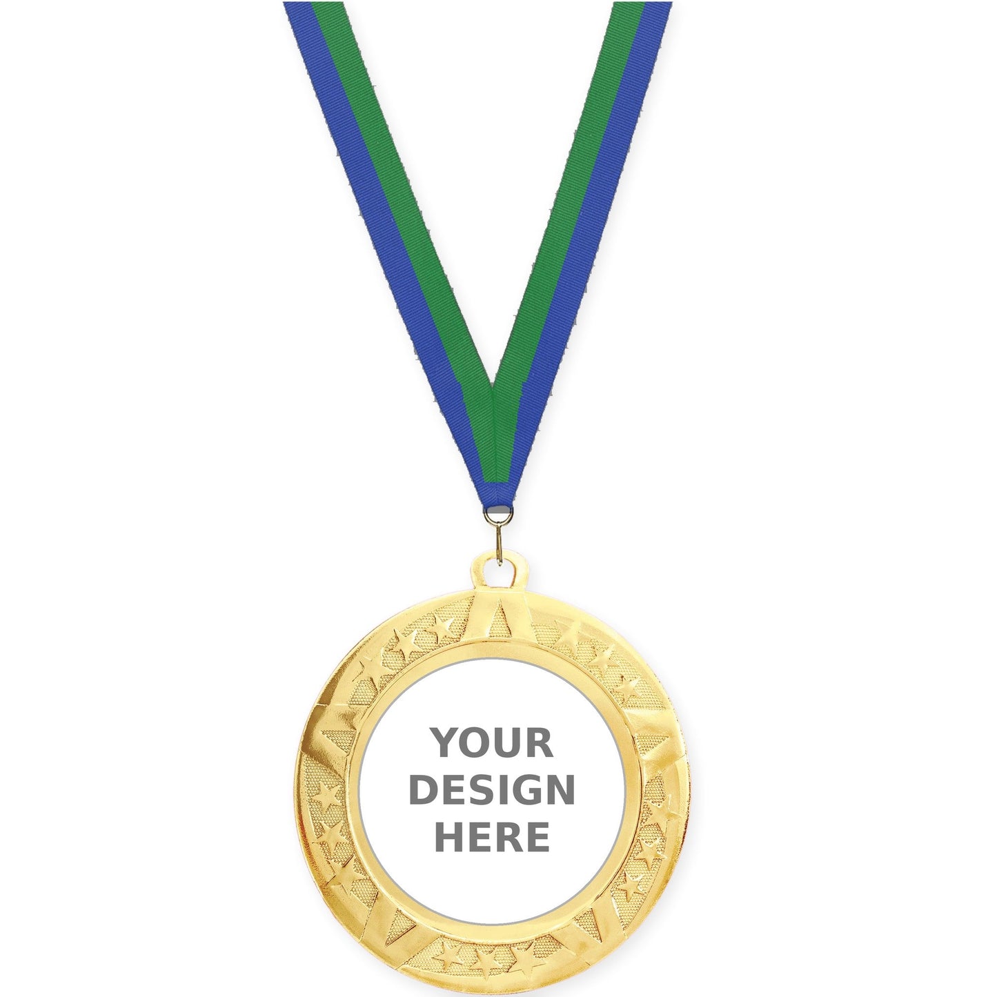2 3/4 inch Superstar insert medal in gold with Blue Green neck ribbon