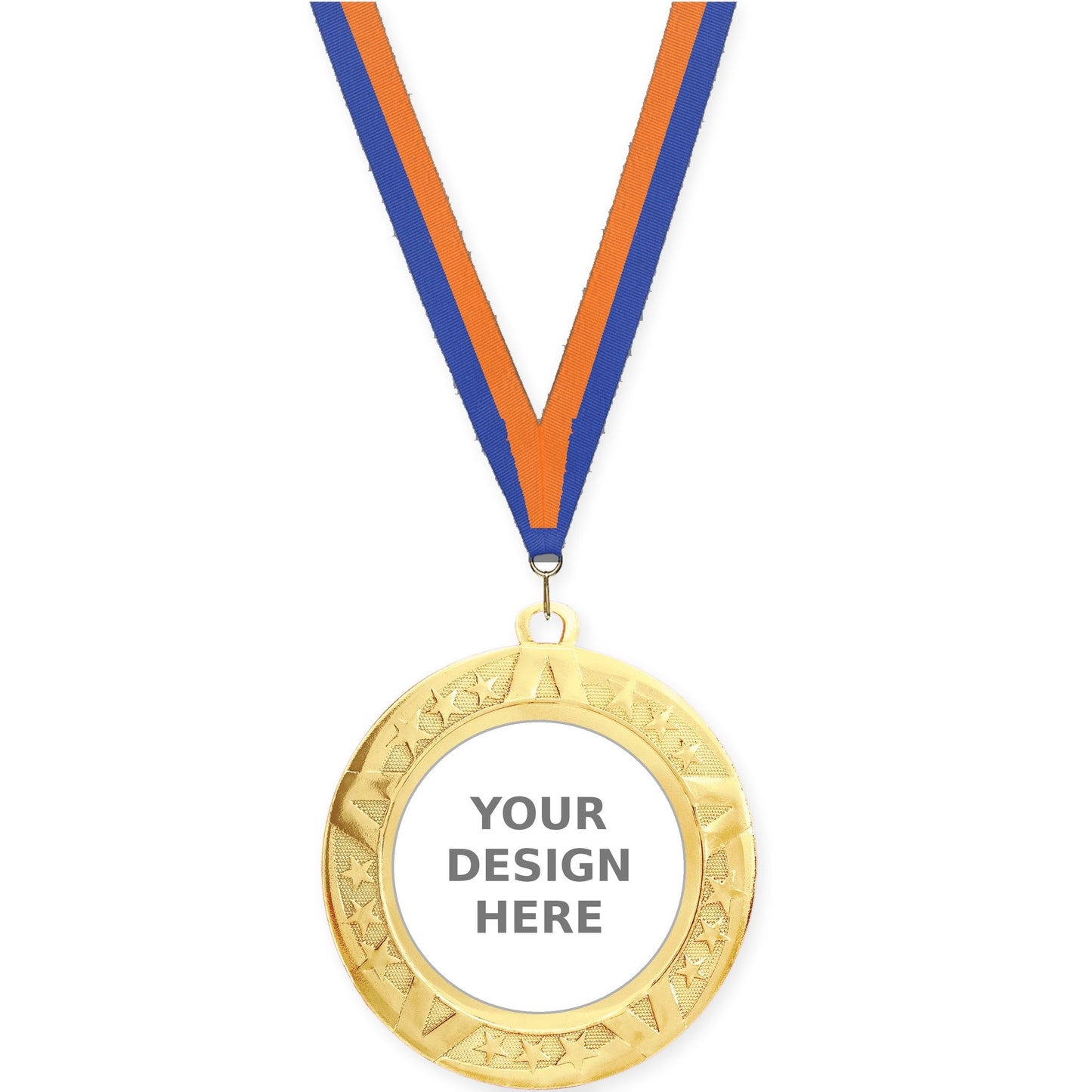 2 3/4 inch Superstar insert medal in gold with Blue Orange neck ribbon