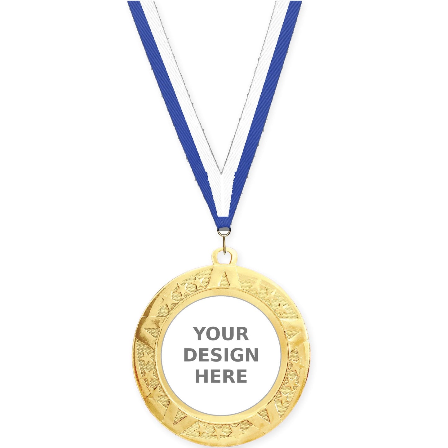 2 3/4 inch Superstar insert medal in gold with Blue White neck ribbon