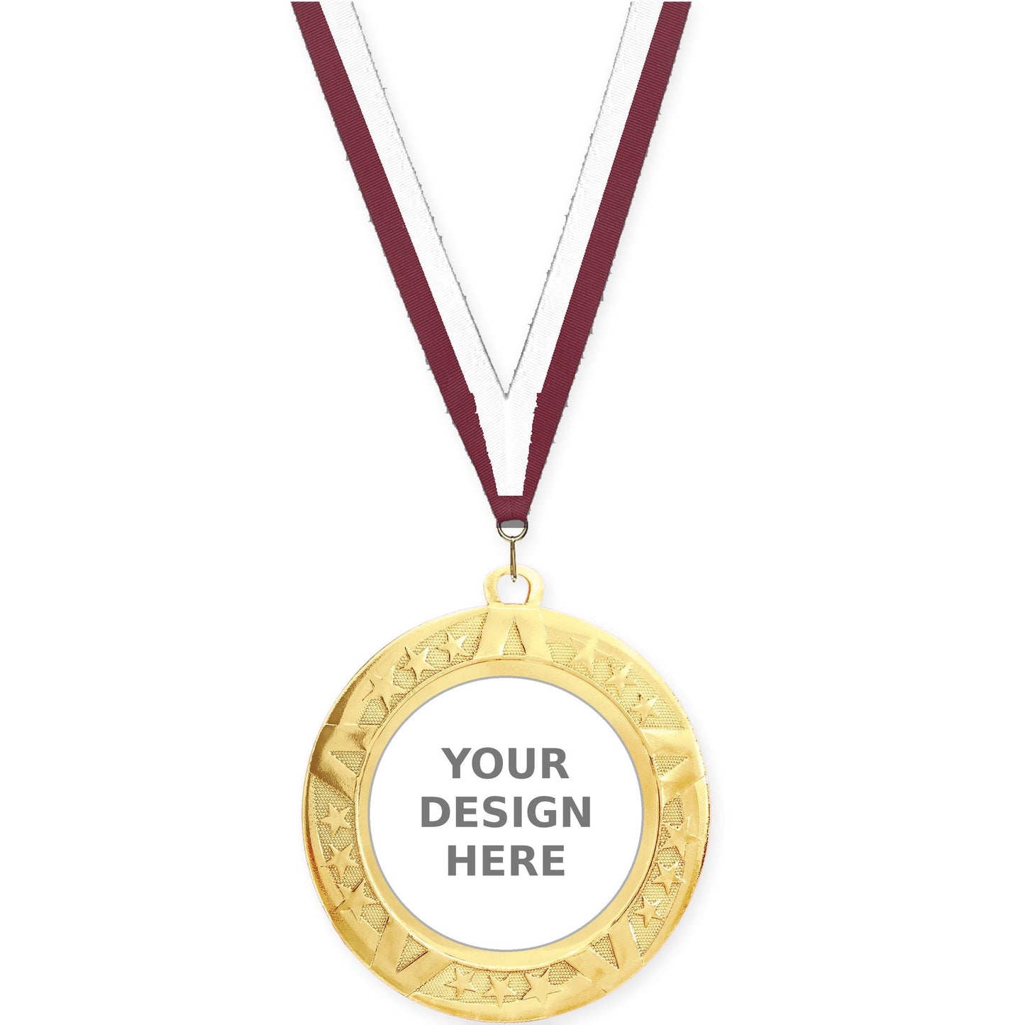 2 3/4 inch Superstar insert medal in gold with Maroon White neck ribbon