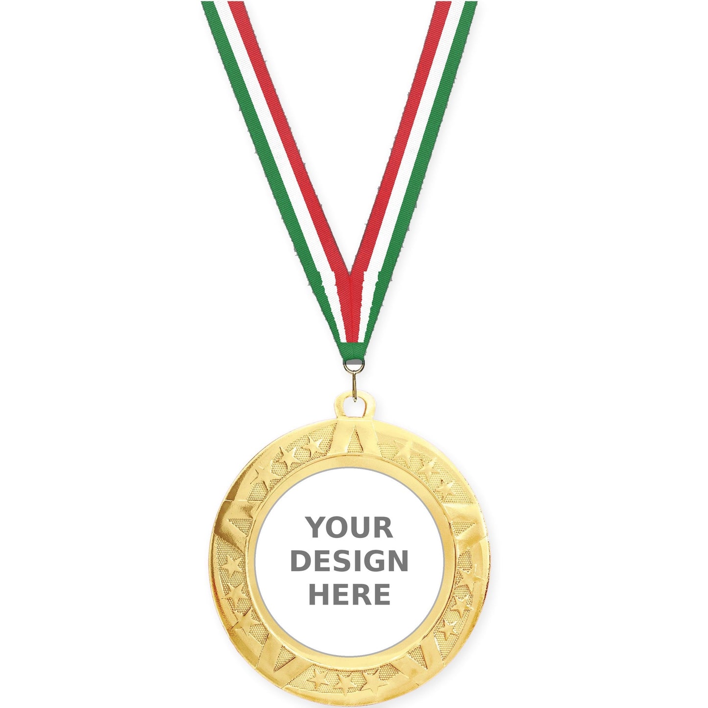 2 3/4 inch Superstar insert medal in gold with Green White Red neck ribbon