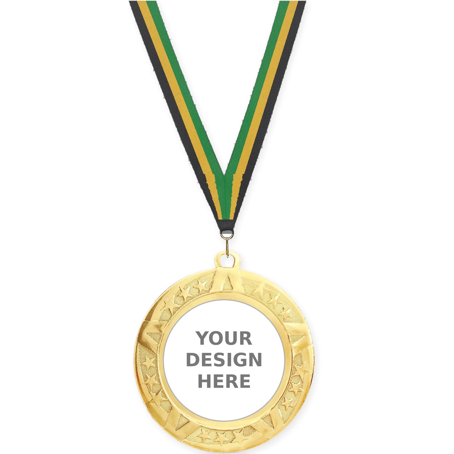 2 3/4 inch Superstar insert medal in gold with Black Gold Green neck ribbon